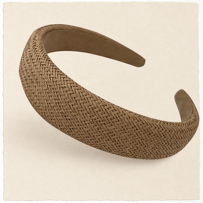 Tressé Wide Headband in Khaki – Seitenansicht getragen im Haar | Vefash