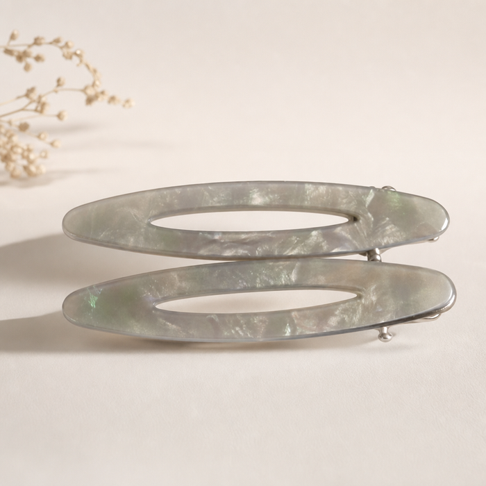 Ovale Acetate Hair Clip Set in Graugrün – Close-up Muster und Oberfläche | Vefash