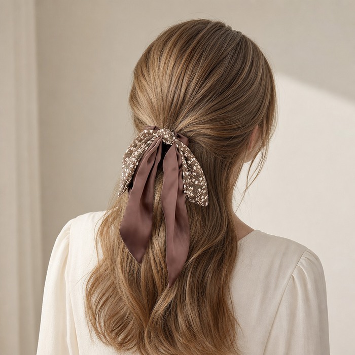Floral Bowknot Hair Tie – Beige – Vefash