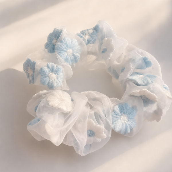 Flower Print Silk Scrunchie – Beige – Vefash