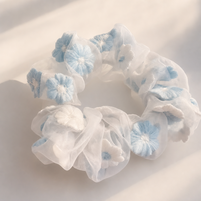 Flower Print Silk Scrunchie – Beige – Vefash